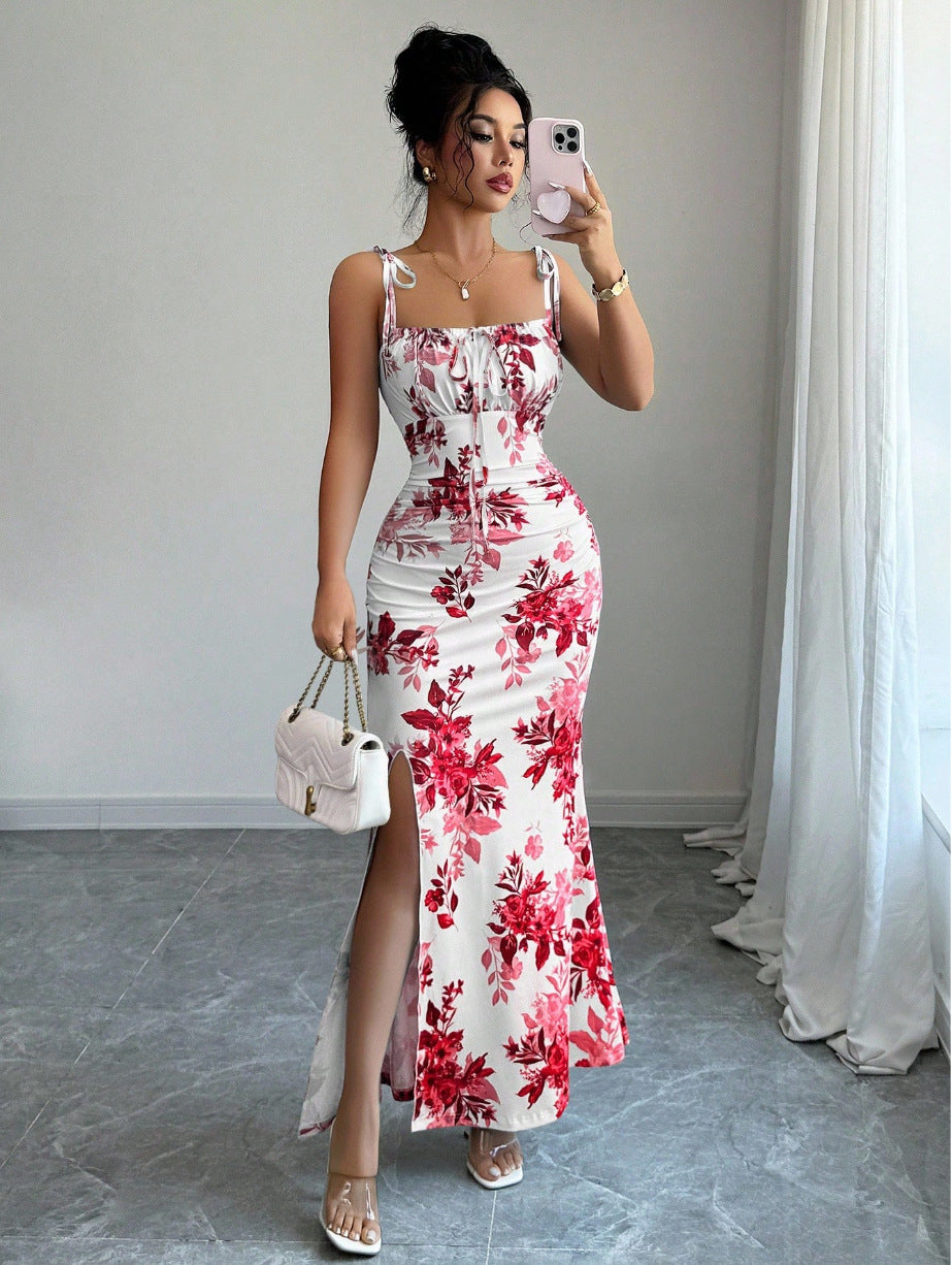 Floral Spaghetti Strap Slim Fit Slit Dress
