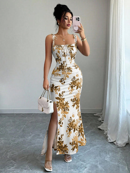 Floral Spaghetti Strap Slim Fit Slit Dress