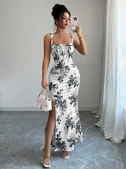 Floral Spaghetti Strap Slim Fit Slit Dress