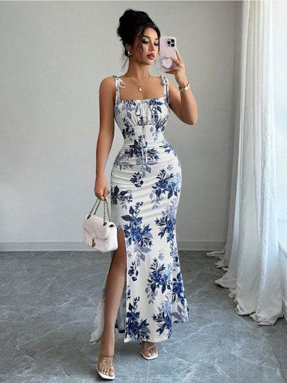 Floral Spaghetti Strap Slim Fit Slit Dress