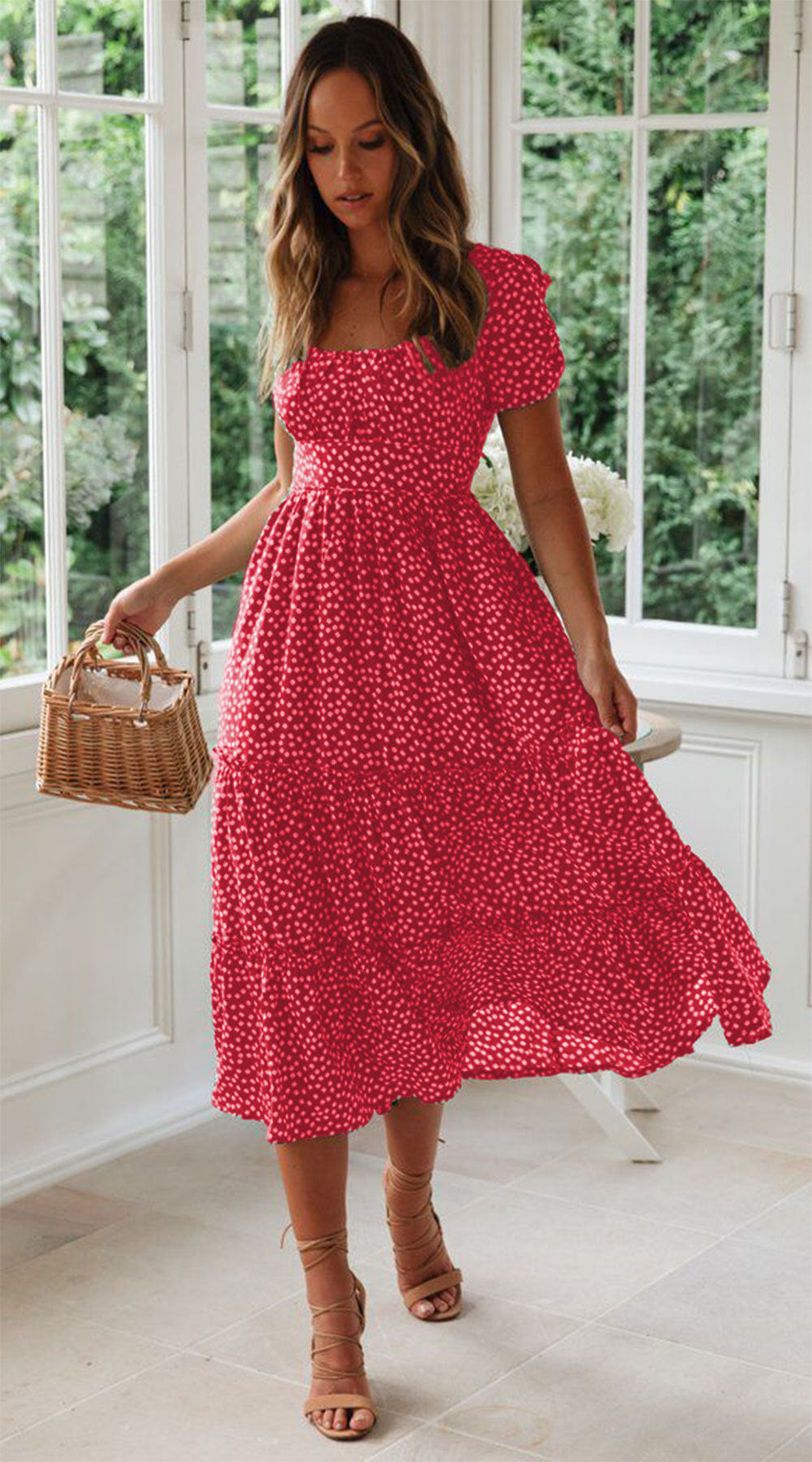 Floral Square Collar Puff Sleeve Chiffon Dress