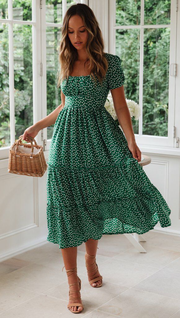 Floral Square Collar Puff Sleeve Chiffon Dress