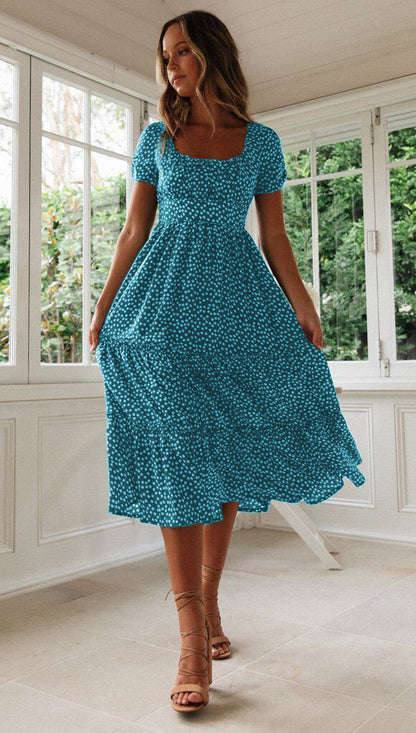 Floral Square Collar Puff Sleeve Chiffon Dress
