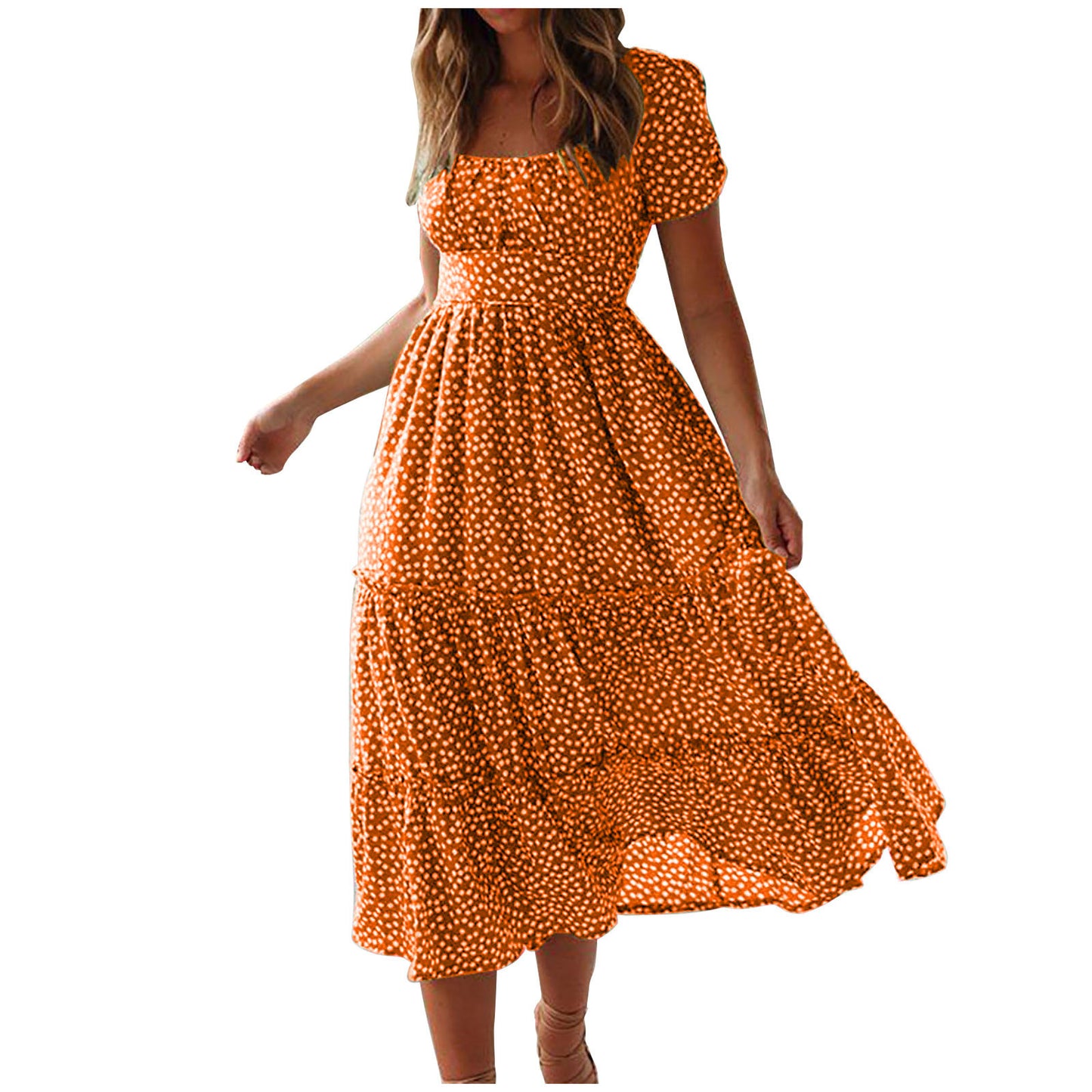 Floral Square Collar Puff Sleeve Chiffon Dress