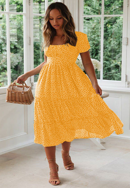 Floral Square Collar Puff Sleeve Chiffon Dress