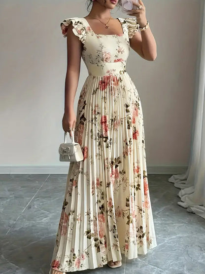 Floral Square Neck Flutter Sleeve Pleated Dress