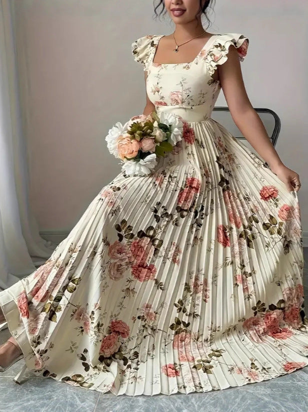 Floral Square Neck Flutter Sleeve Pleated Dress