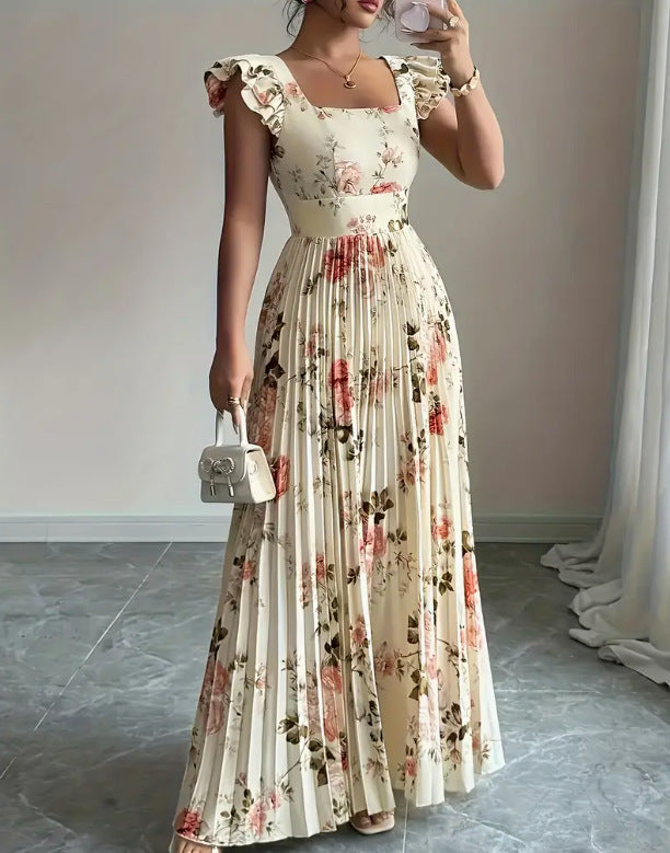 Floral Square Neck Flutter Sleeve Pleated Dress