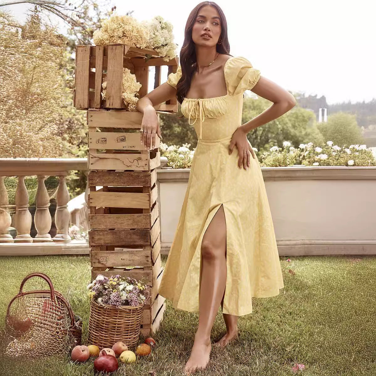 Floral Square Neck Puff Sleeve Dress