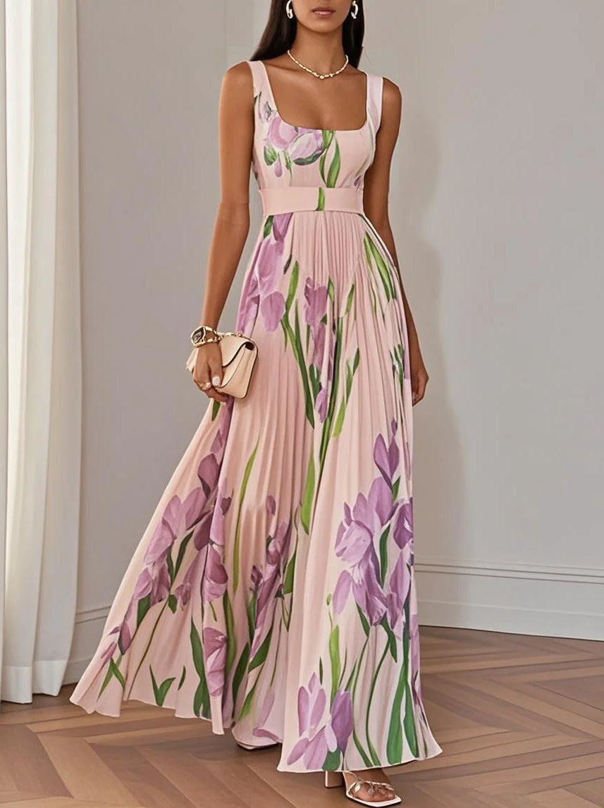 Floral Strap Dress with Pleated Long Skirt