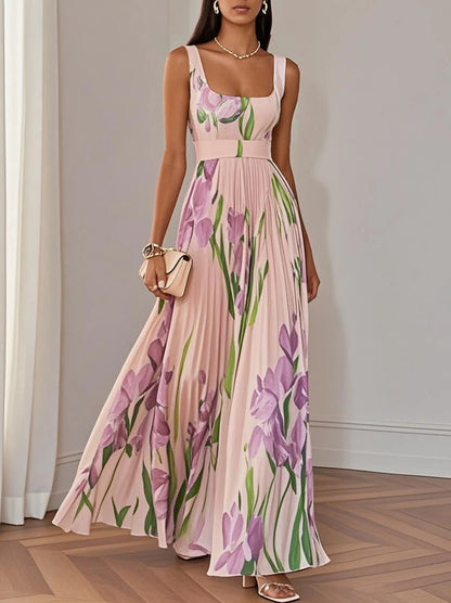 Floral Strap Dress with Pleated Long Skirt