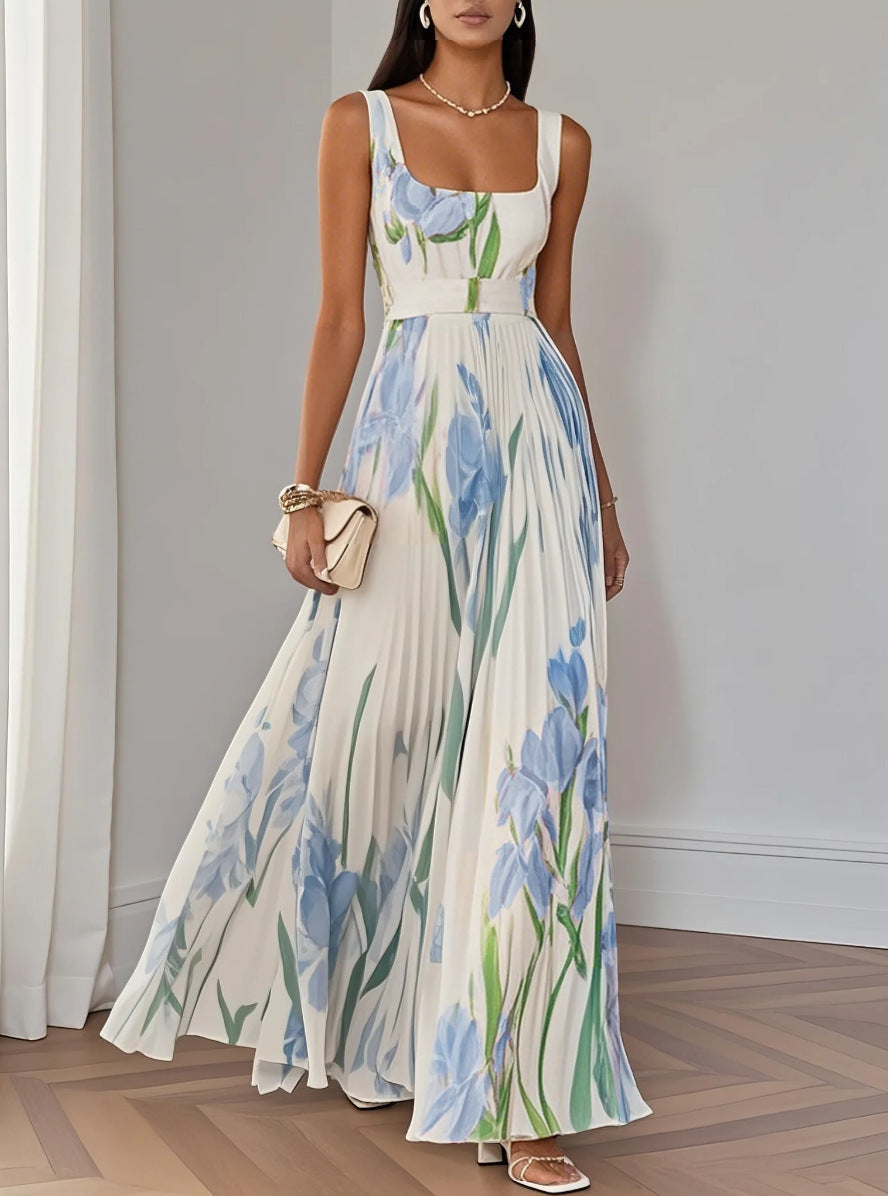 Floral Strap Dress with Pleated Long Skirt