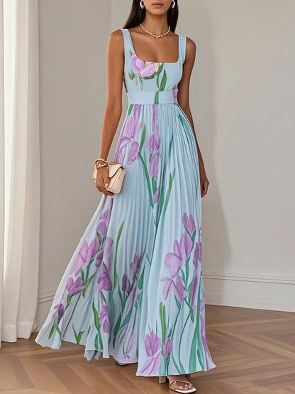 Floral Strap Dress with Pleated Long Skirt
