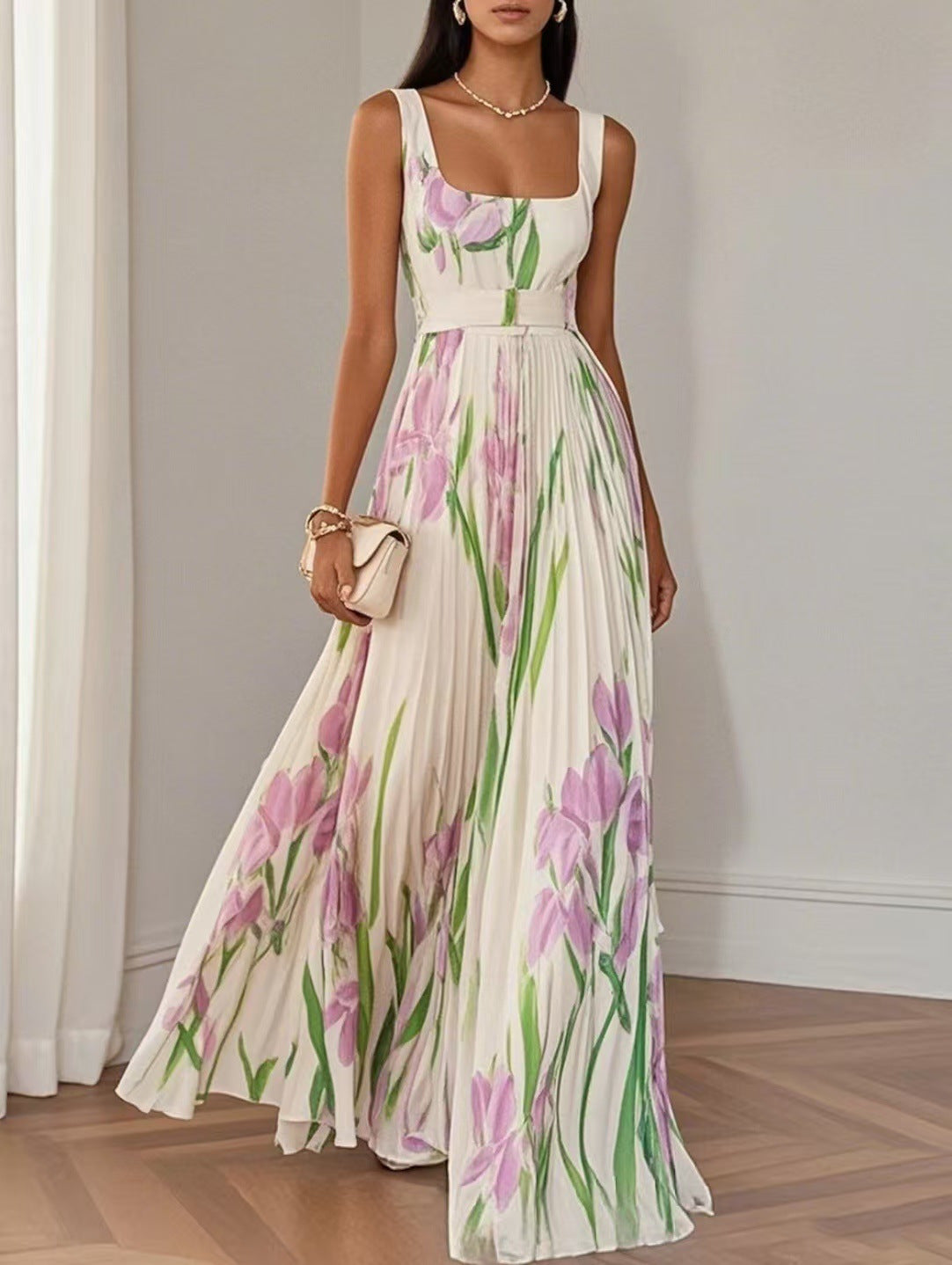 Floral Strap Dress with Pleated Long Skirt