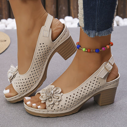 Floral Thick Heel Buckle Sandals