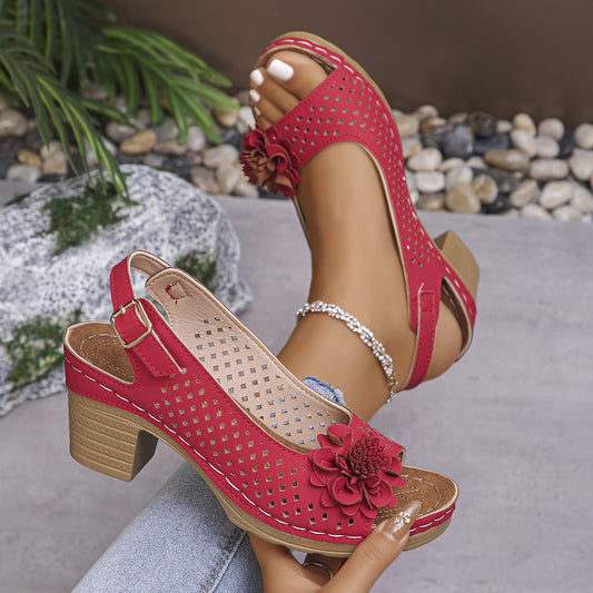 Floral Thick Heel Buckle Sandals
