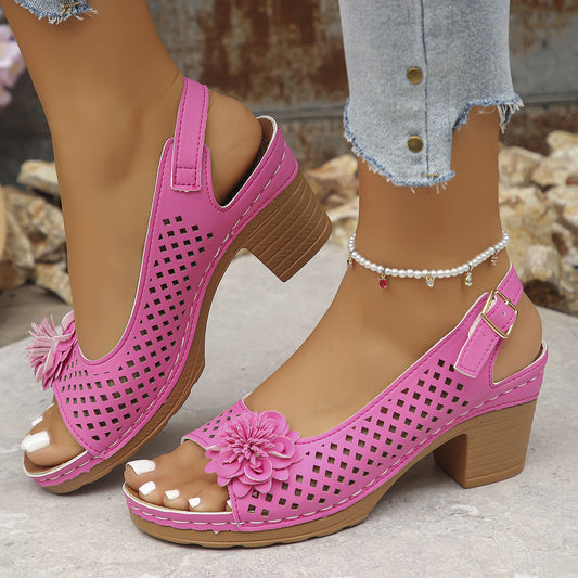 Floral Thick Heel Buckle Sandals