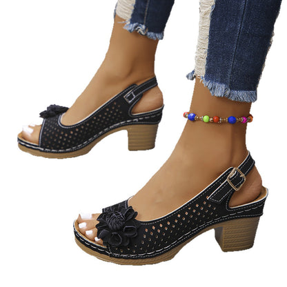 Floral Thick Heel Buckle Sandals
