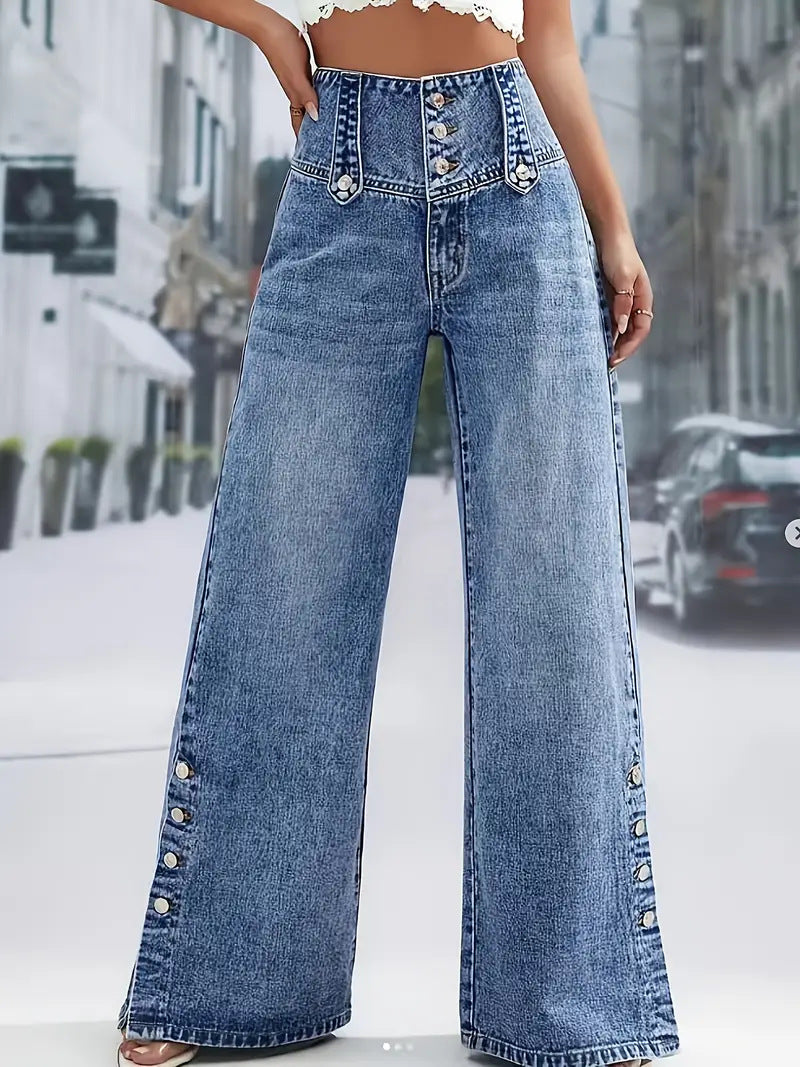 Floral Trim Denim Wide Leg Pants