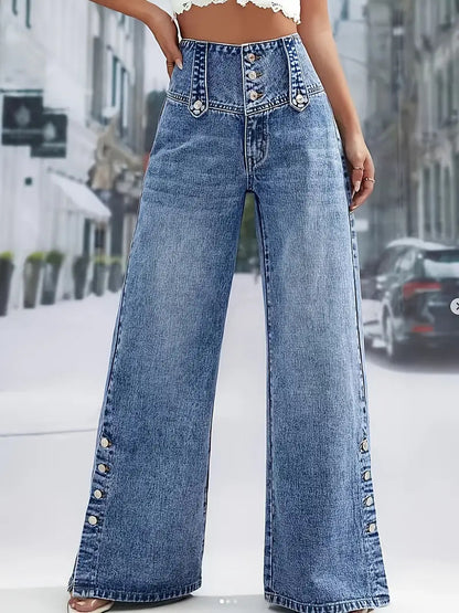 Floral Trim Denim Wide Leg Pants