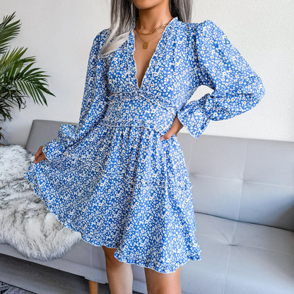 Floral V-Neck Chiffon Dress with Bell Sleeves