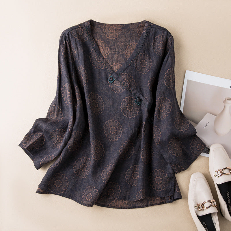 Floral V-Neck Cotton Linen Shirt