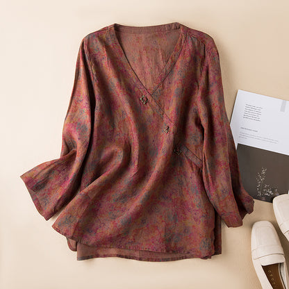 Floral V-Neck Cotton Linen Shirt