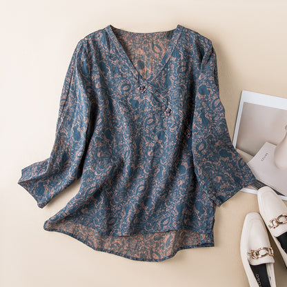 Floral V-Neck Cotton Linen Shirt