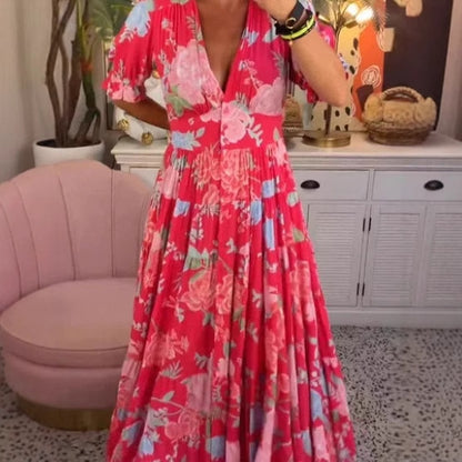 Floral V-Neck Elastic Waist Long Dress