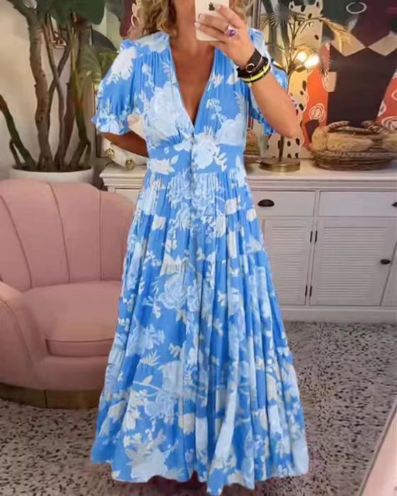 Floral V-Neck Elastic Waist Midi Dress