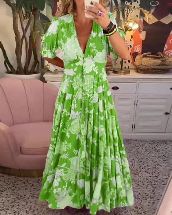 Floral V-Neck Elastic Waist Midi Dress