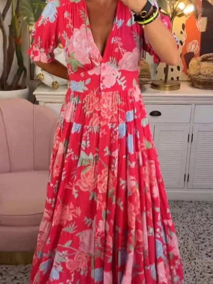 Floral V-Neck Elastic Waist Midi Dress
