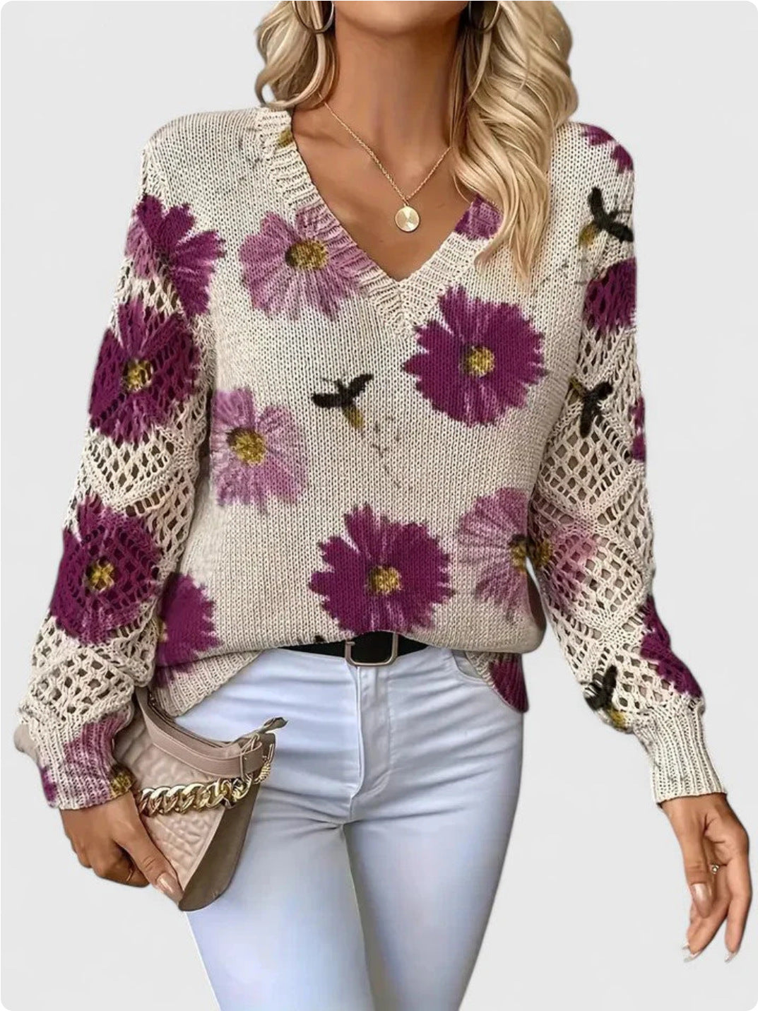 Floral V-neck long-sleeved top