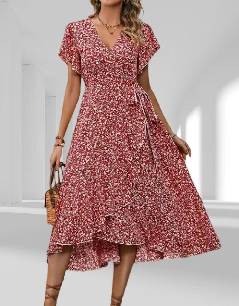 Floral Wrap V-Neck Bohemian Dress