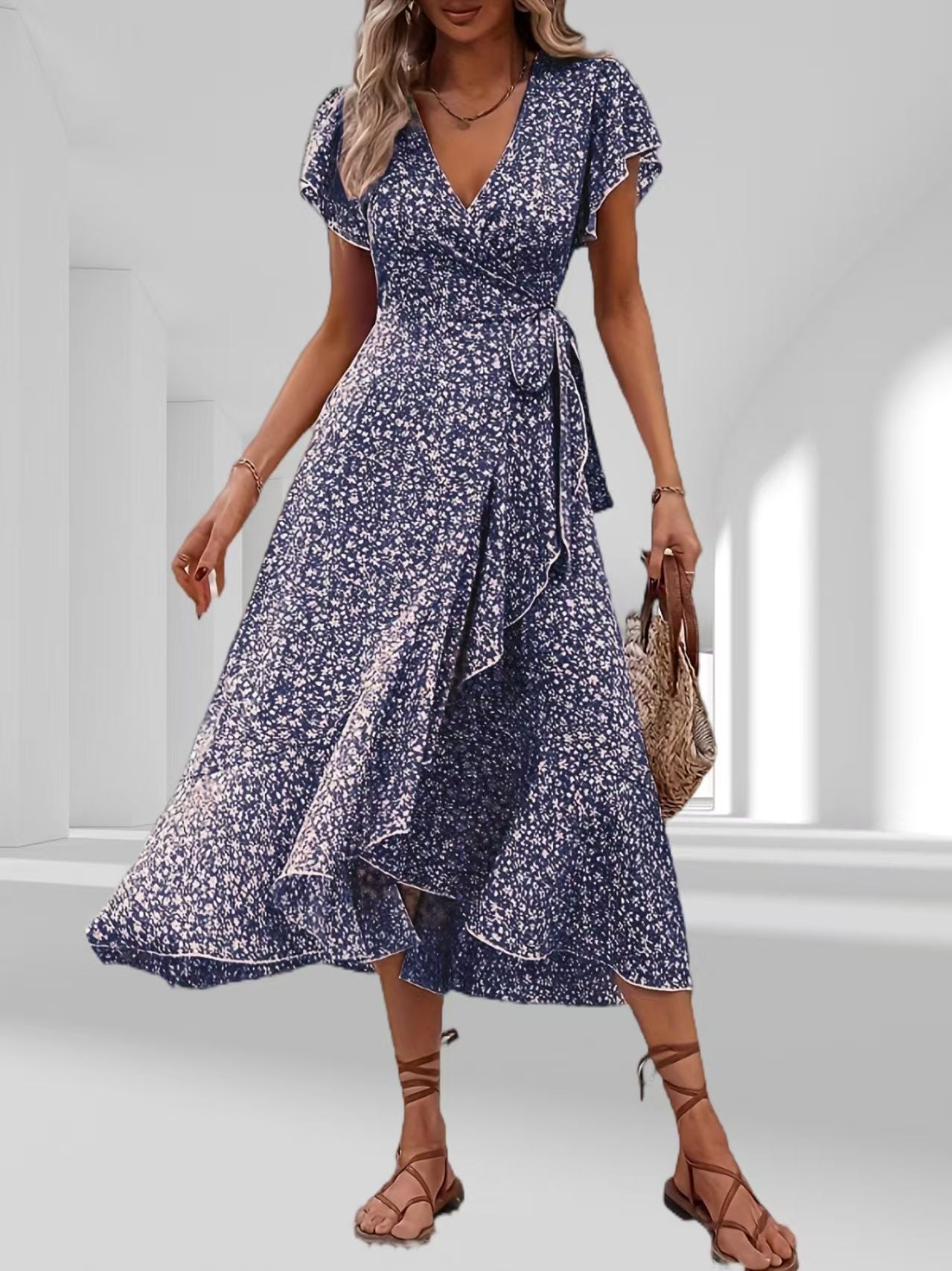 Floral Wrap V-Neck Bohemian Dress
