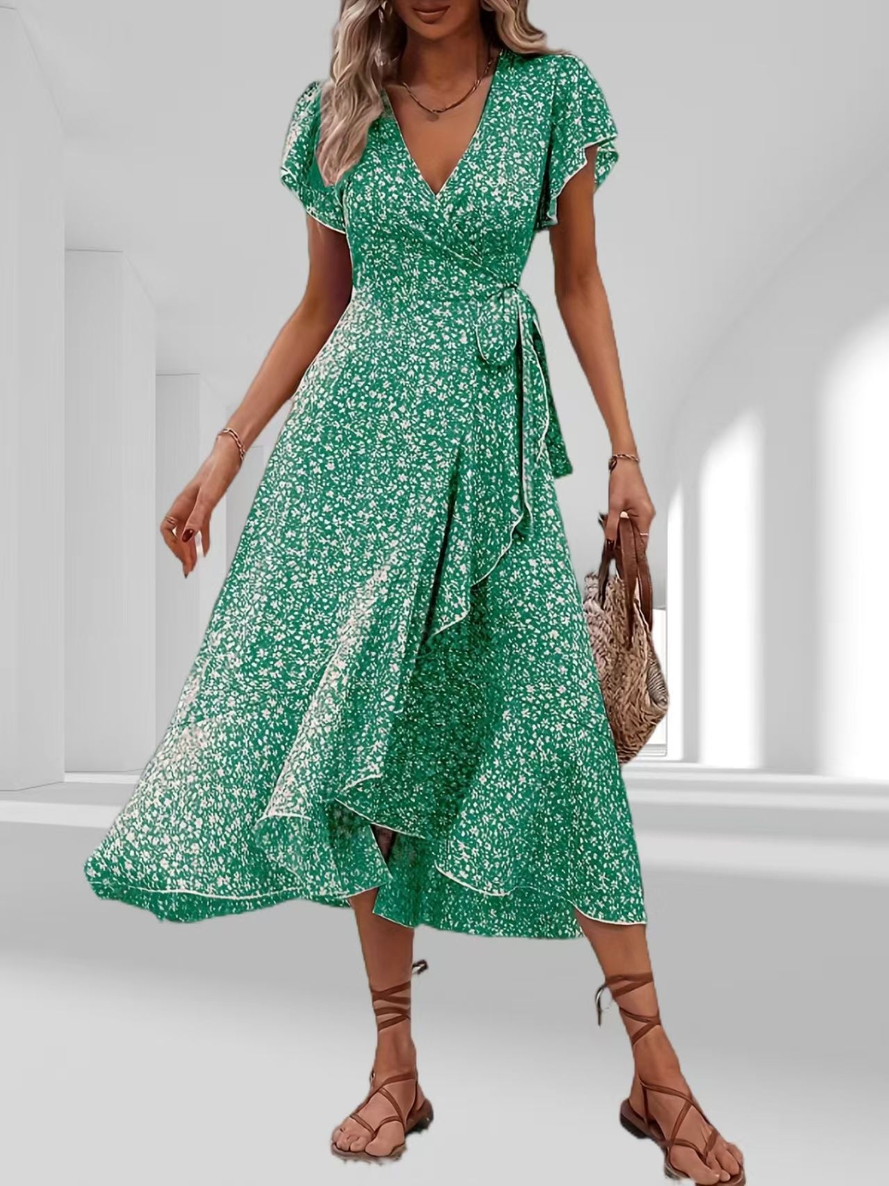 Floral Wrap V-Neck Bohemian Dress