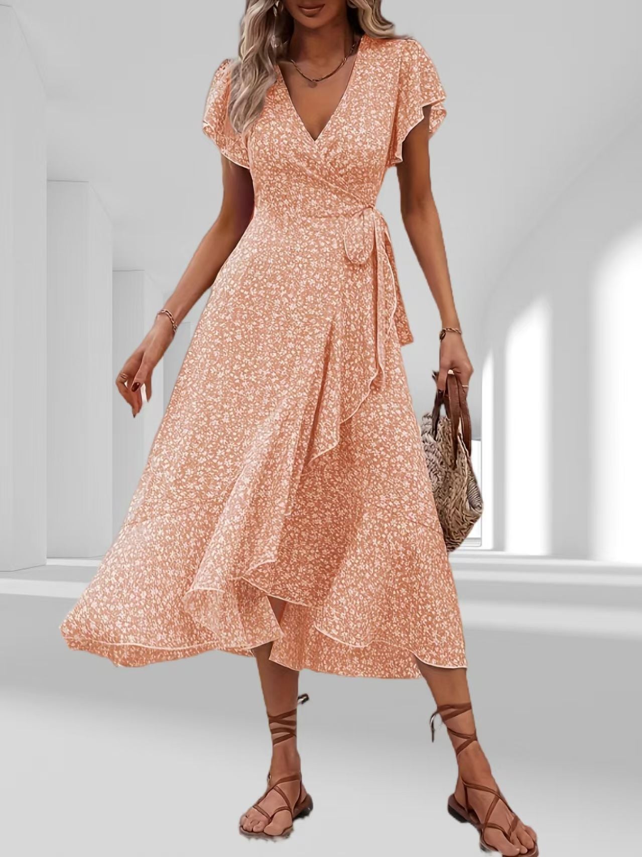 Floral Wrap V-Neck Bohemian Dress