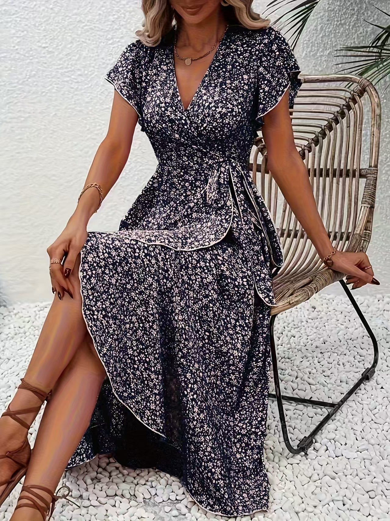Floral Wrap V-Neck Bohemian Dress