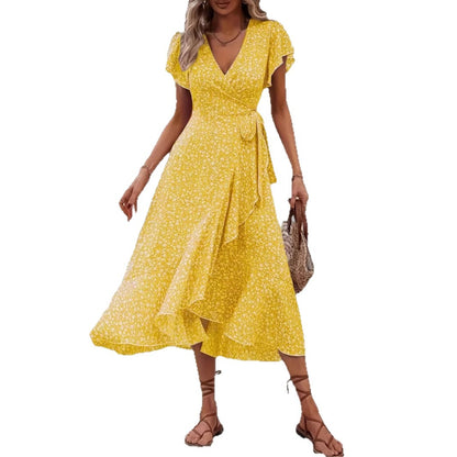 Floral Wrap V-Neck Bohemian Dress