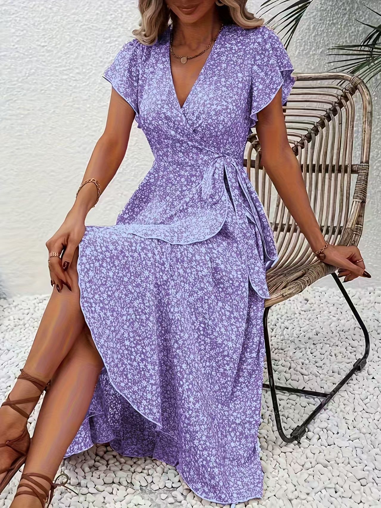 Floral Wrap V-Neck Bohemian Dress