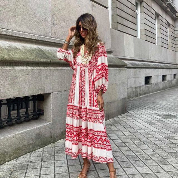 Flowy Long Sleeve Maxi Dress with Print