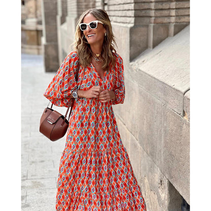 Flowy Long Sleeve Maxi Dress with Print