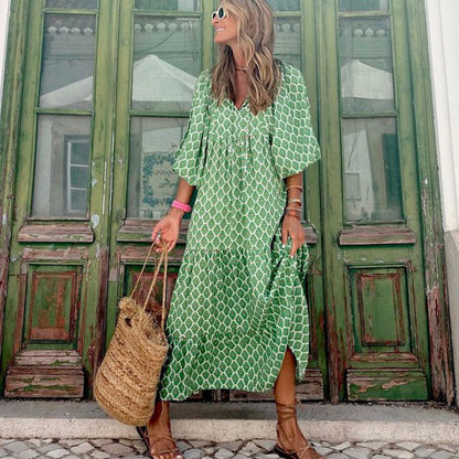 Flowy Long Sleeve Maxi Dress with Print