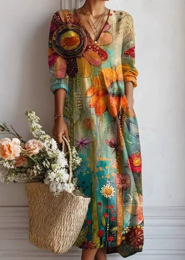 Flowy V-Neck Printed Maxi Dress