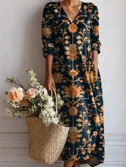 Flowy V-Neck Printed Maxi Dress