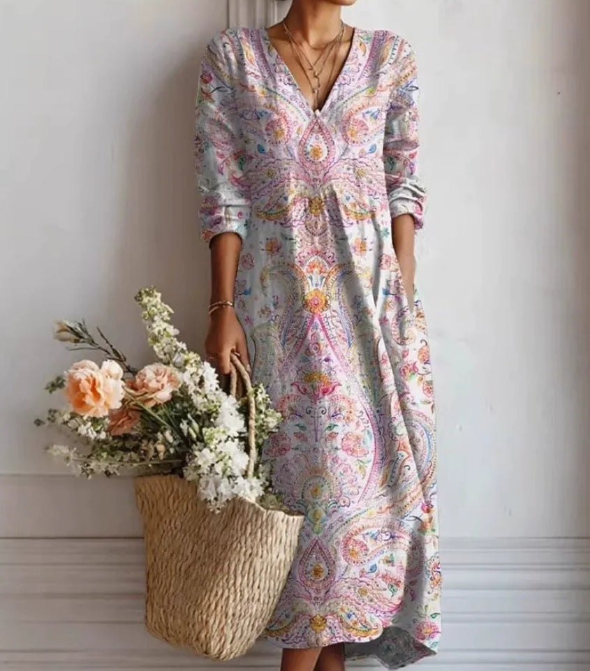 Flowy V-Neck Printed Maxi Dress