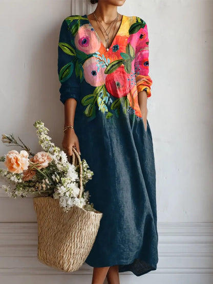Flowy V-Neck Printed Maxi Dress