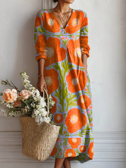 Flowy V-Neck Printed Maxi Dress
