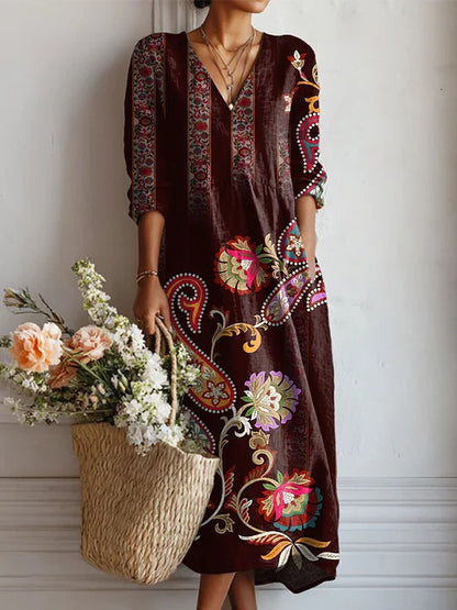 Flowy V-Neck Printed Maxi Dress