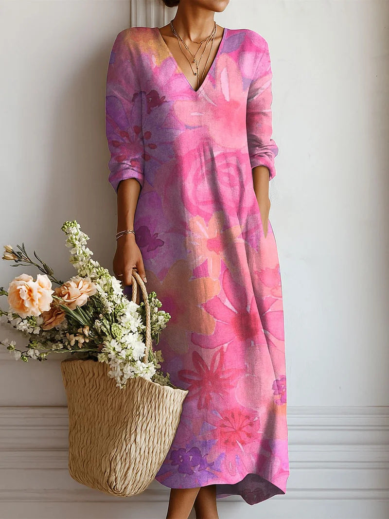 Flowy V-Neck Printed Maxi Dress